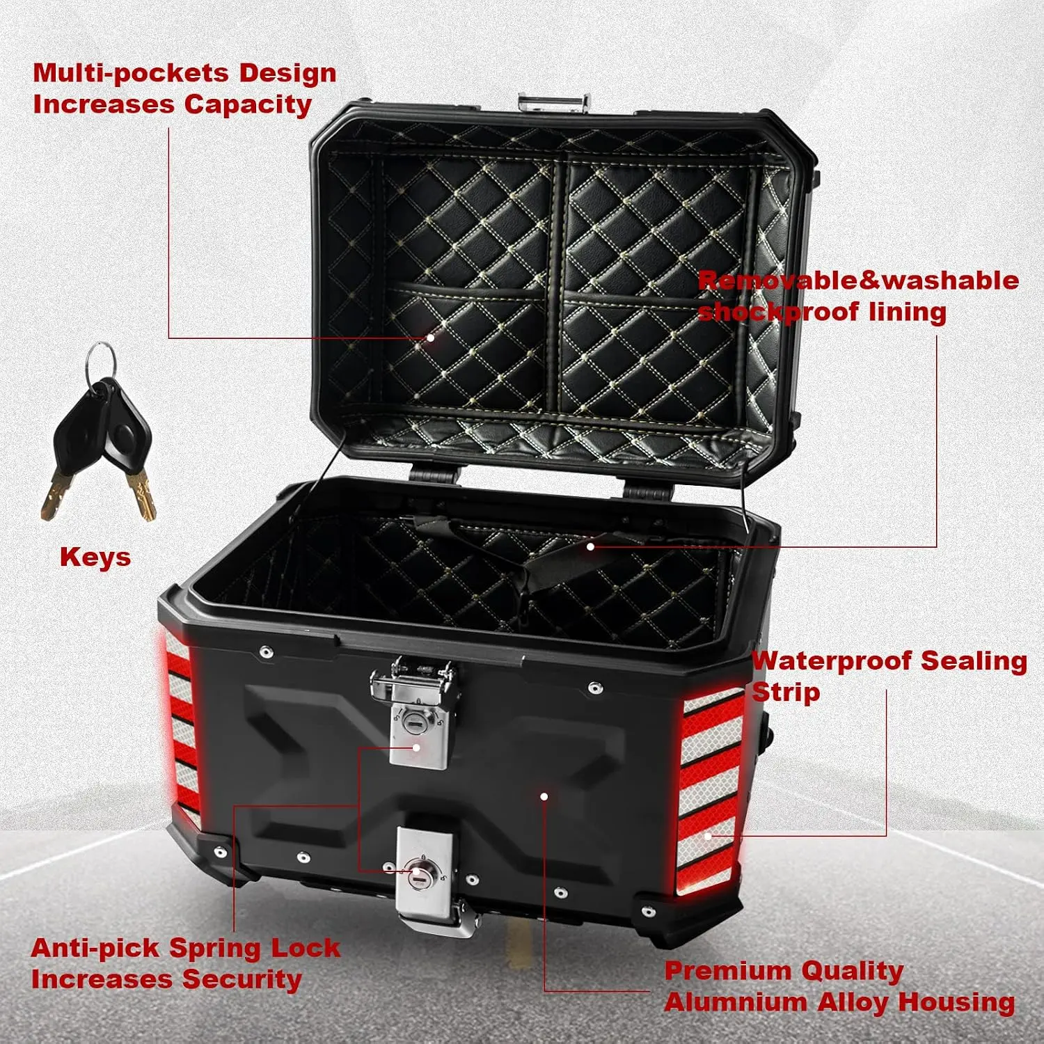 Universal Motorcycle Top Case 65L, Tail Box Trunk with Backrest, Security Lock, Black, Luggage
