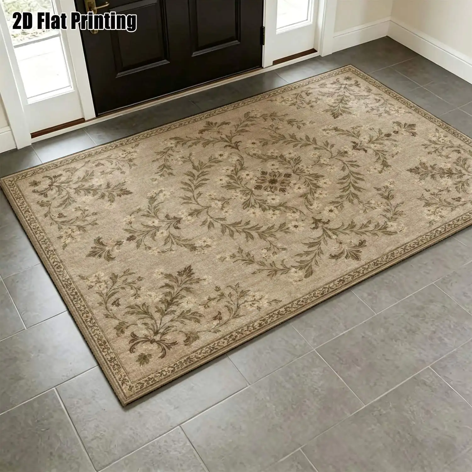 1Pc 2D Printed 1Pc Beige Floral Vine Carpet, European/Vintage/Geometric/Bohemian Styles Machine Washable, Multi-Size, Ideal for Home Decor, Entrance/Dining Room/Foyer/Living Room/Bedroom Mats.