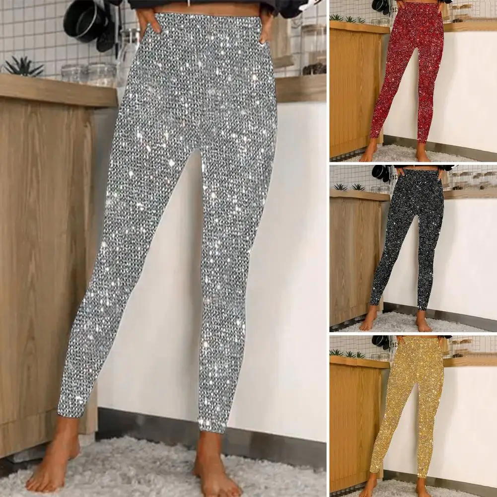 Glitzy Bodycon Pants Shiny Slim Fit Trousers Sparkling High Waist Sequin Leggings for Women Glitter Pencil Trousers Daily Wear