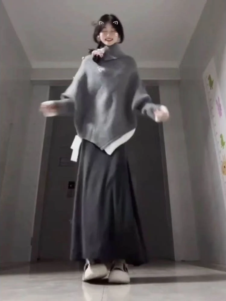 

Комплект из двух предметов: вязаный свитер с высоким воротом и асимметричная юбка для женщин, осень-зима, глубокий V-образный вырез, нежный, уютный, модный.