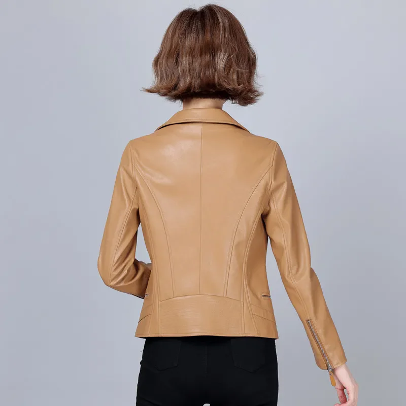 New Women Biker Leather Jacket Spring Autumn Casual Fashion Turn-down Collar Slim Sheepskin Short Coat Split Leather Moto Jacket