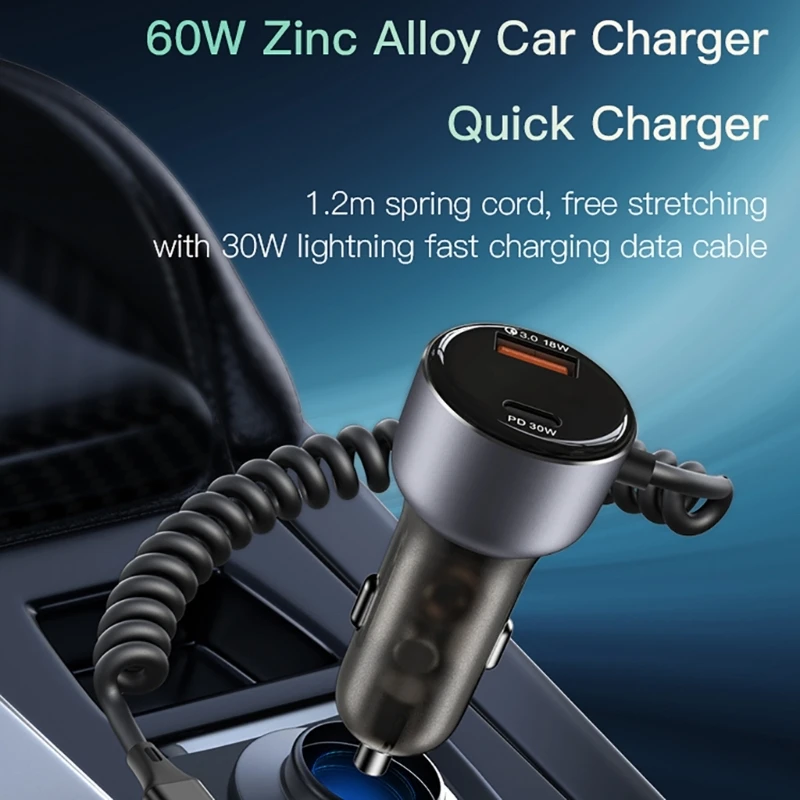 60W USB C Car Charger Fast Charging,2 Port PD30W QC3.0 Cigarettes Lighters USB C Charger, with Type C Coiled Cable