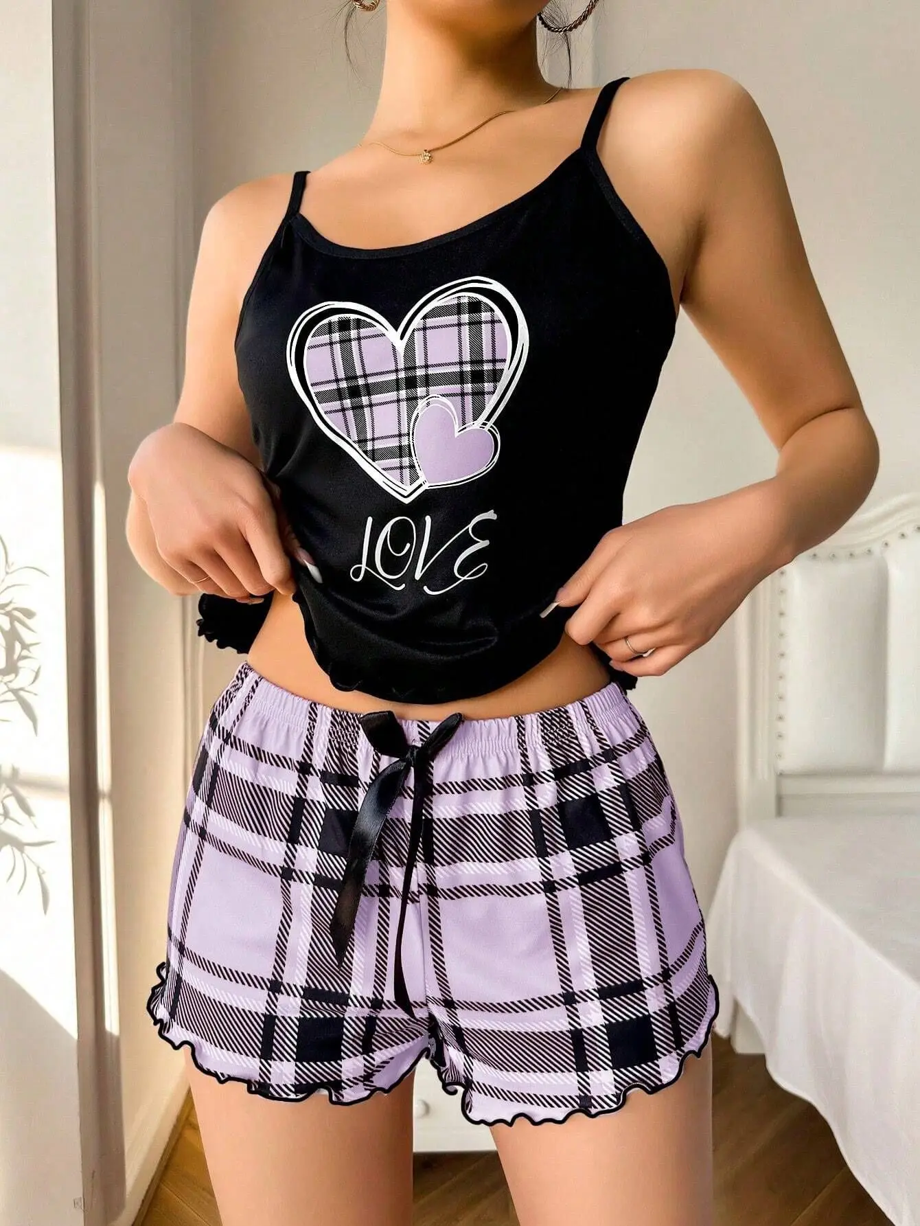 Frauen Sexy Hosenträger Shorts Dünne Pyjamas Brief Drucken Plaid Shorts Große Pyjamas Romantische Hause Tragen Sexy Nachtwäsche Kurze Pyjama – Detail 18