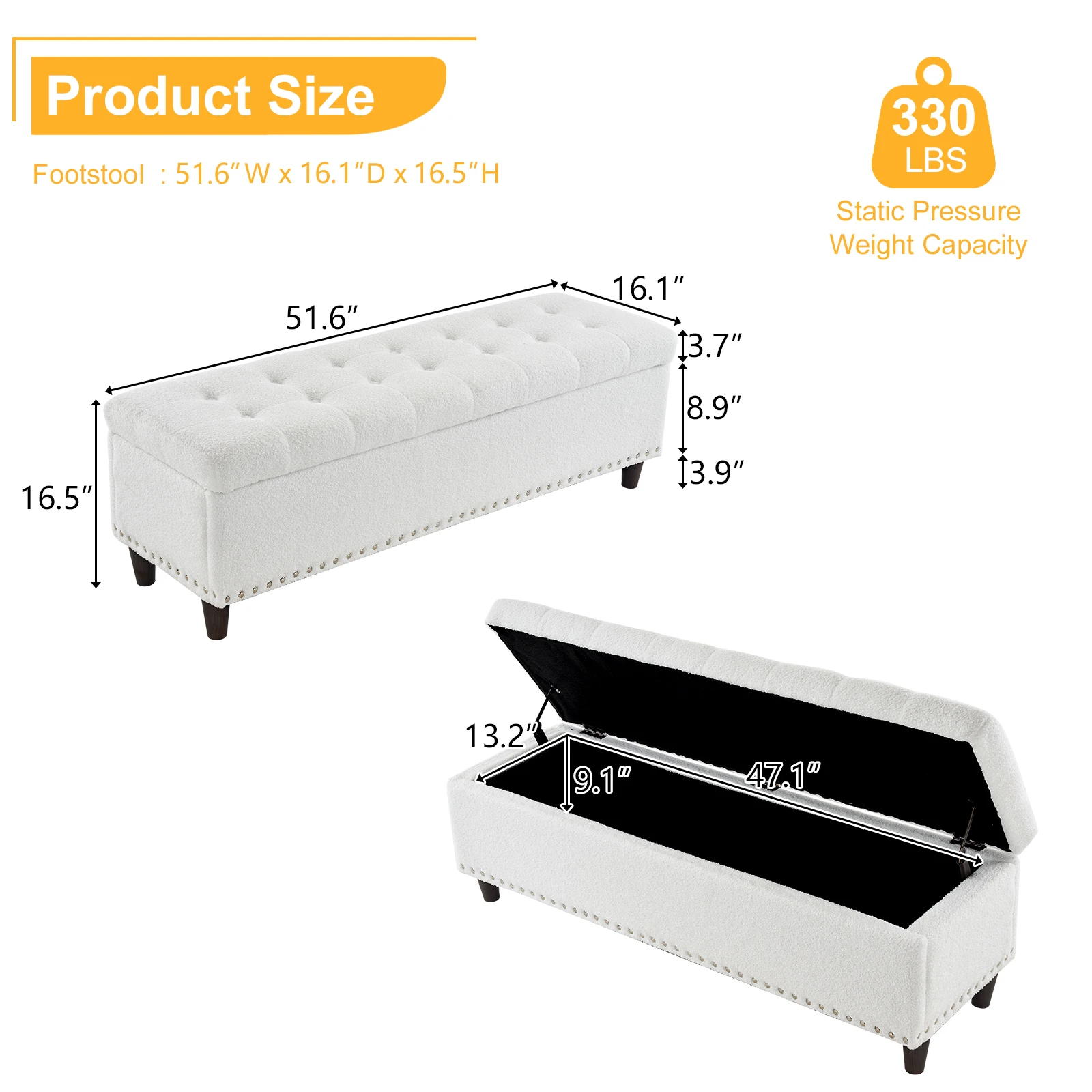 51 Inches 131*41*42cm Teddy Velvet With Storage Copper Nails Bedside Stool Footstool Off-White