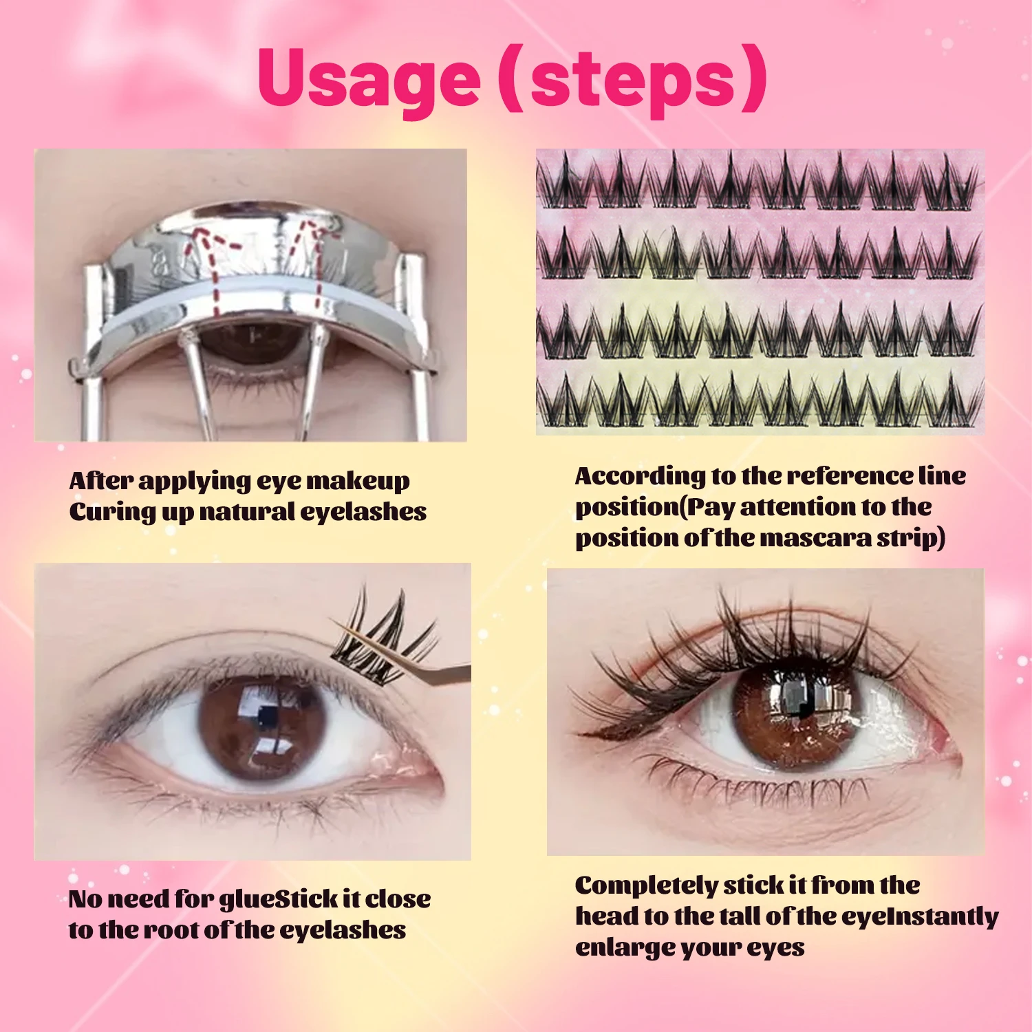 100 قطعة، رموش صناعية ذاتية اللصق على شكل كلاب، رقيق وطبيعي، مع تأثير واقعي على شكل حرف C للاستخدام المنزلي، مناسبة للمبتدئين.