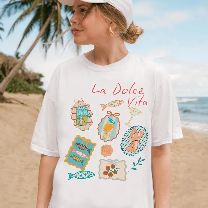 Summer Women's Fruit Stamp Pattern Cartoon Print Basic Casual Fashion Clothing Top Street White Short Sleeved Travel T-Shirt