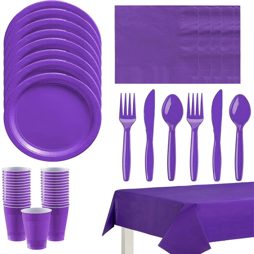 Purple Solid Color Party Set Plate Cup Tablecloth Birthday Party Wedding Decoration Adult Supplies Gift Baby Baptism