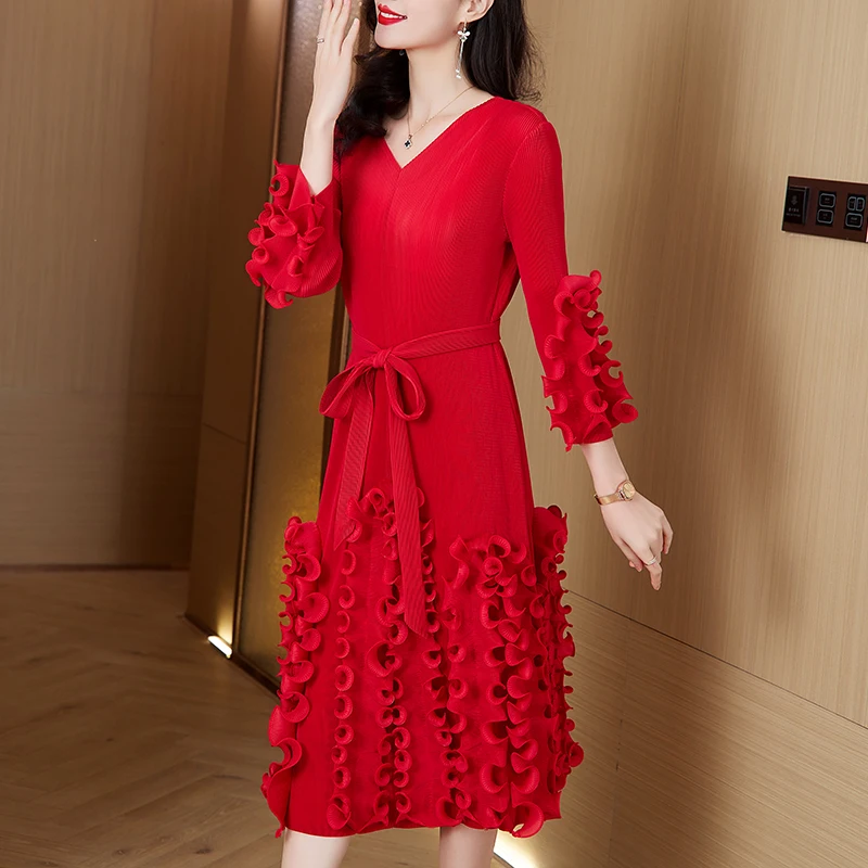 

2024 Summer V-neck Dress for Women's Silk Short Sleeves Printed Beaded Mesh Spliced Drop pleated Mid length Knee Length Dress