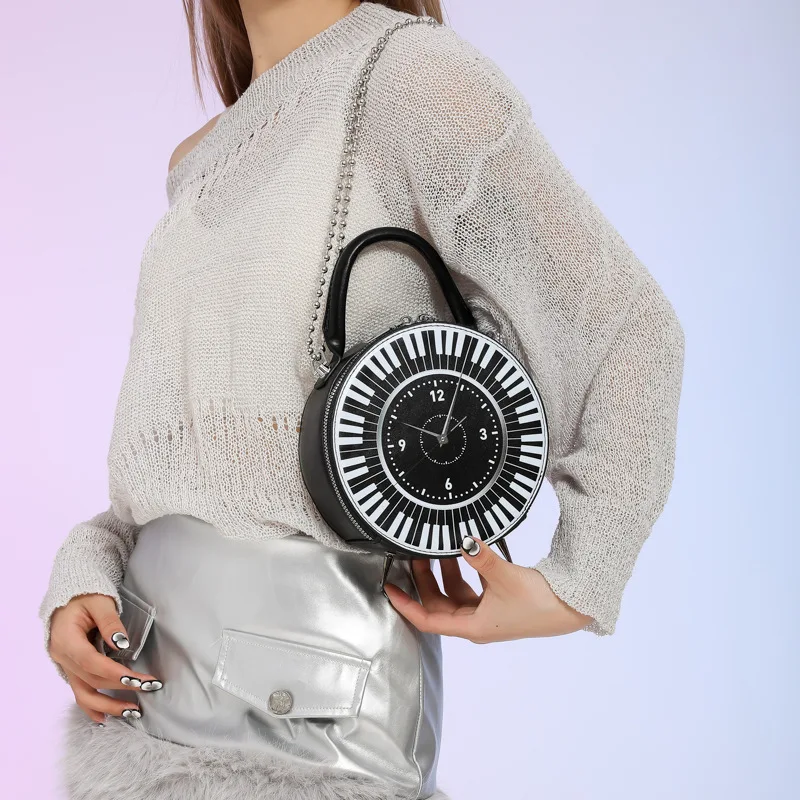 Women PU Retro Clock Dial Handbag Large Capacity Black White Piano Clock Shoulder Purse Clock Shape Crossbody Bag Top Handle Bag