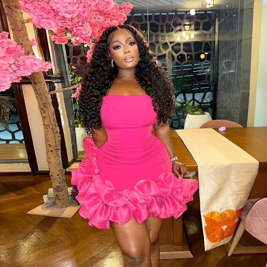 

Fashionable Pink Little Black Girls Short Prom Dresses Strapless Ruffled Bottom African Mini Cocktail Dress Aso Ebi Birthday Par