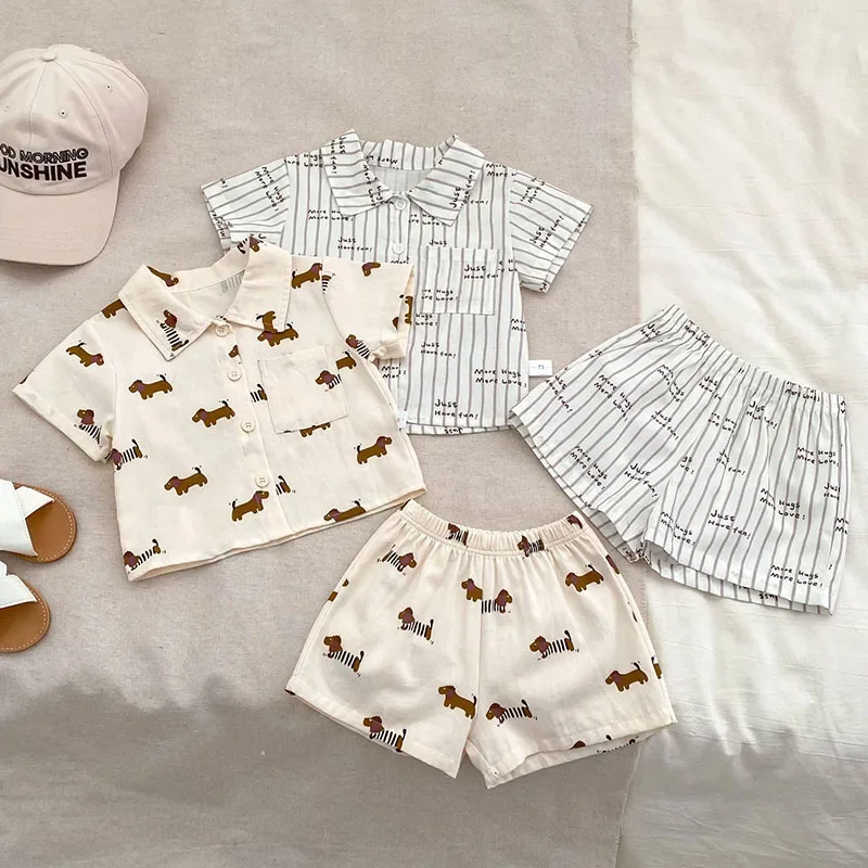 2025 New Summer 0-5Yrs Kids Clothes Suit Short Sleeved Cotton Printed Shirt+Shorts Newborn Baby Boys Clothing Set