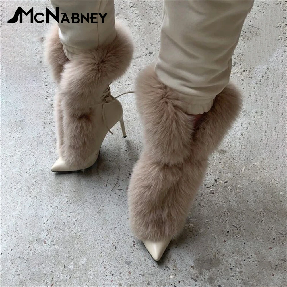 Pointed Fur Boots Luxurious Style Fashion Shoes Stiletto Shoes Sexy Winter Boots Women Warm Fake Fur Brown Suede Leather Boots