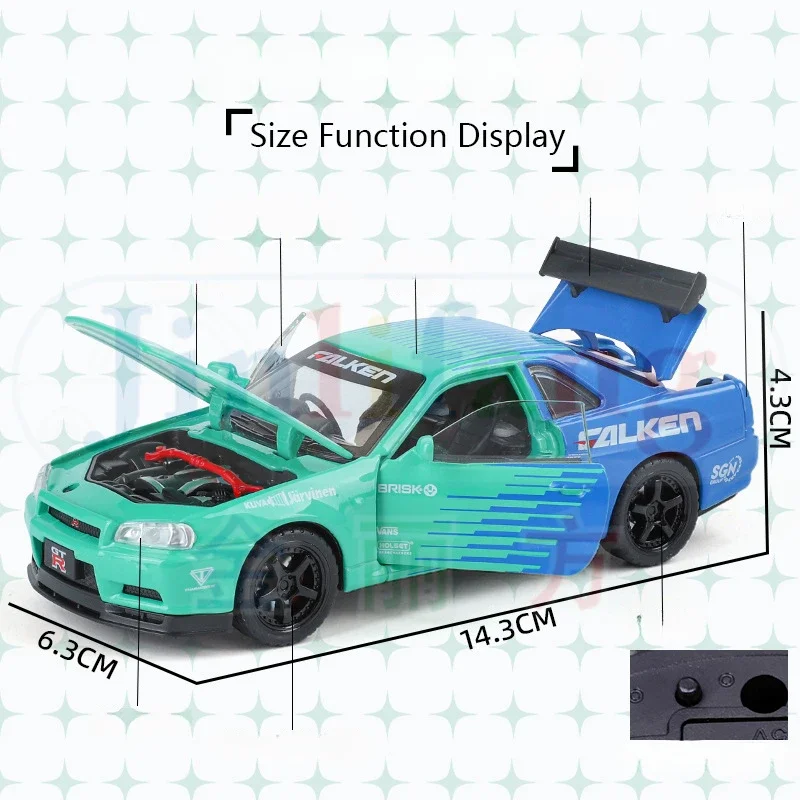 New 1:32 Nissan Skyline GTR R34 Alloy Sports Car Sound Light Pull Back High Simulation Miniature Diecast Car Childrens Toy Gift