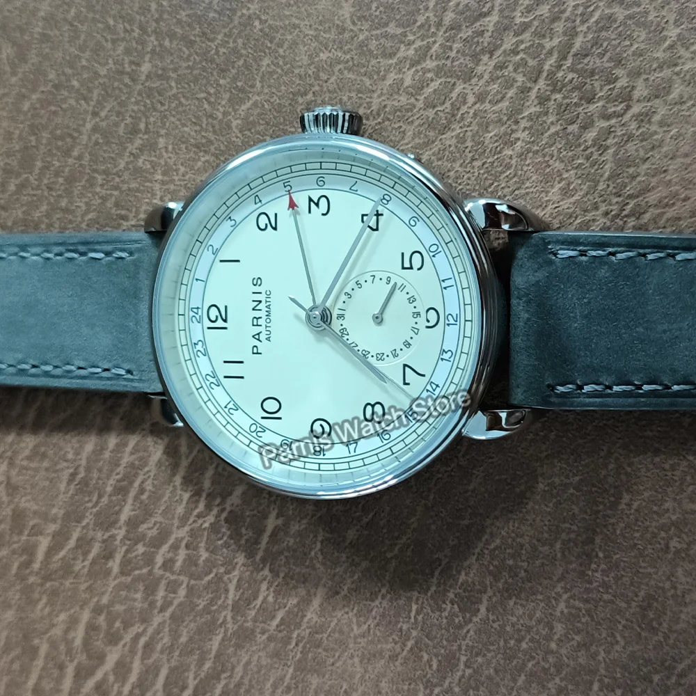 Parnis 42 mm GMT Caja plateada Marca árabe Ventana con fecha Correa de cuero Reloj mecánico automático para hombre