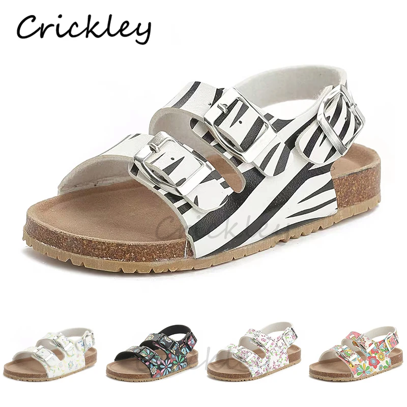 Summer Kids Sandals Cartoon PU Printing Leather Flat Heels Boys Cork Sandals for Girl Kids Toddler Buckle Strap Beach Slipper