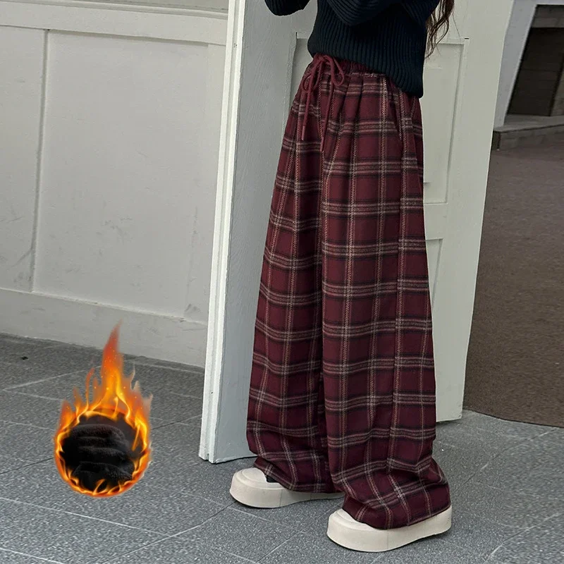 Outono inverno meninas adolescentes xadrez calças largas lge lã grossa quente júnior crianças casuais calças retas soltas all-match criança calças