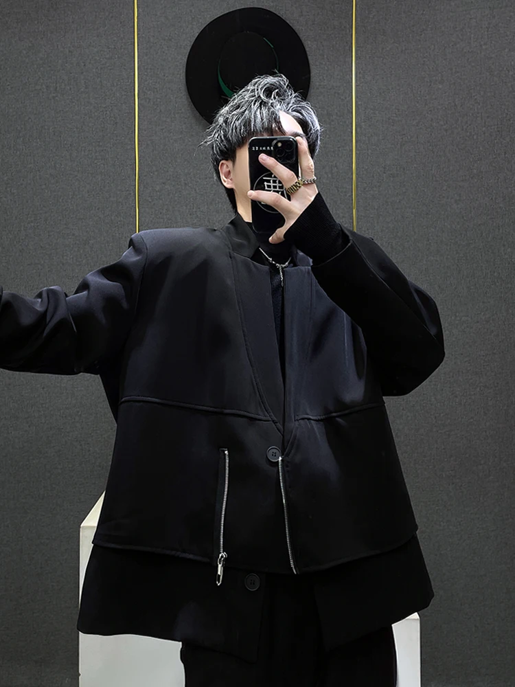 

Casual Men's Suit Jaet Autumn New Sle Street Faion Irregular Zipper Design Casual Western Wear Loose Fit Long Sve