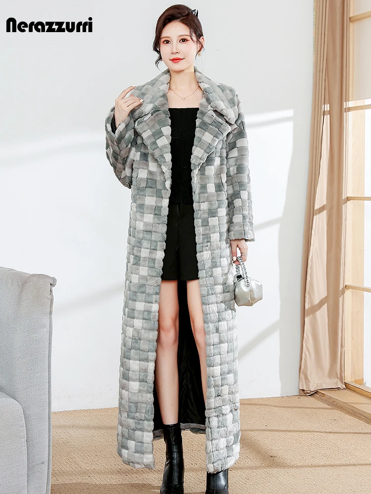 Nerazzurri Winter Extra Long Thick Colorful Warm Checkerboard Faux Fur Coat Women Sashes Luxury Designer Maxi Furry Overcoat