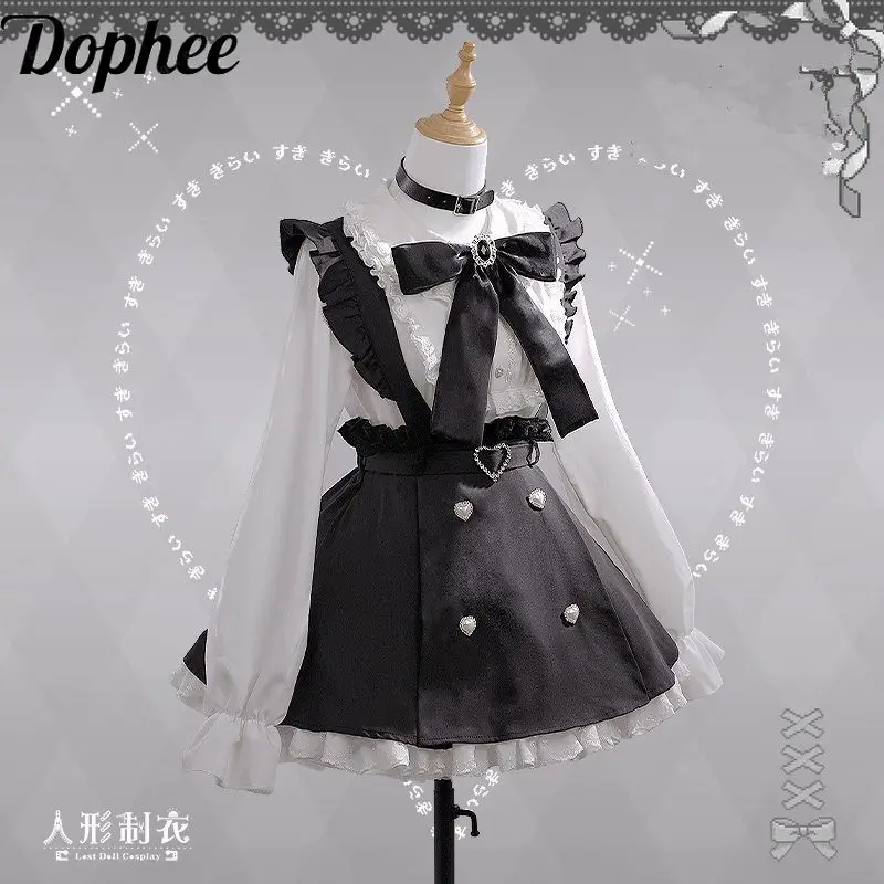 Dophee Original Subculture Two-piece Set Gothic Elegant Ruffles Long Sleeve Bow White Shirt Top Love Button Black Strap Skirt