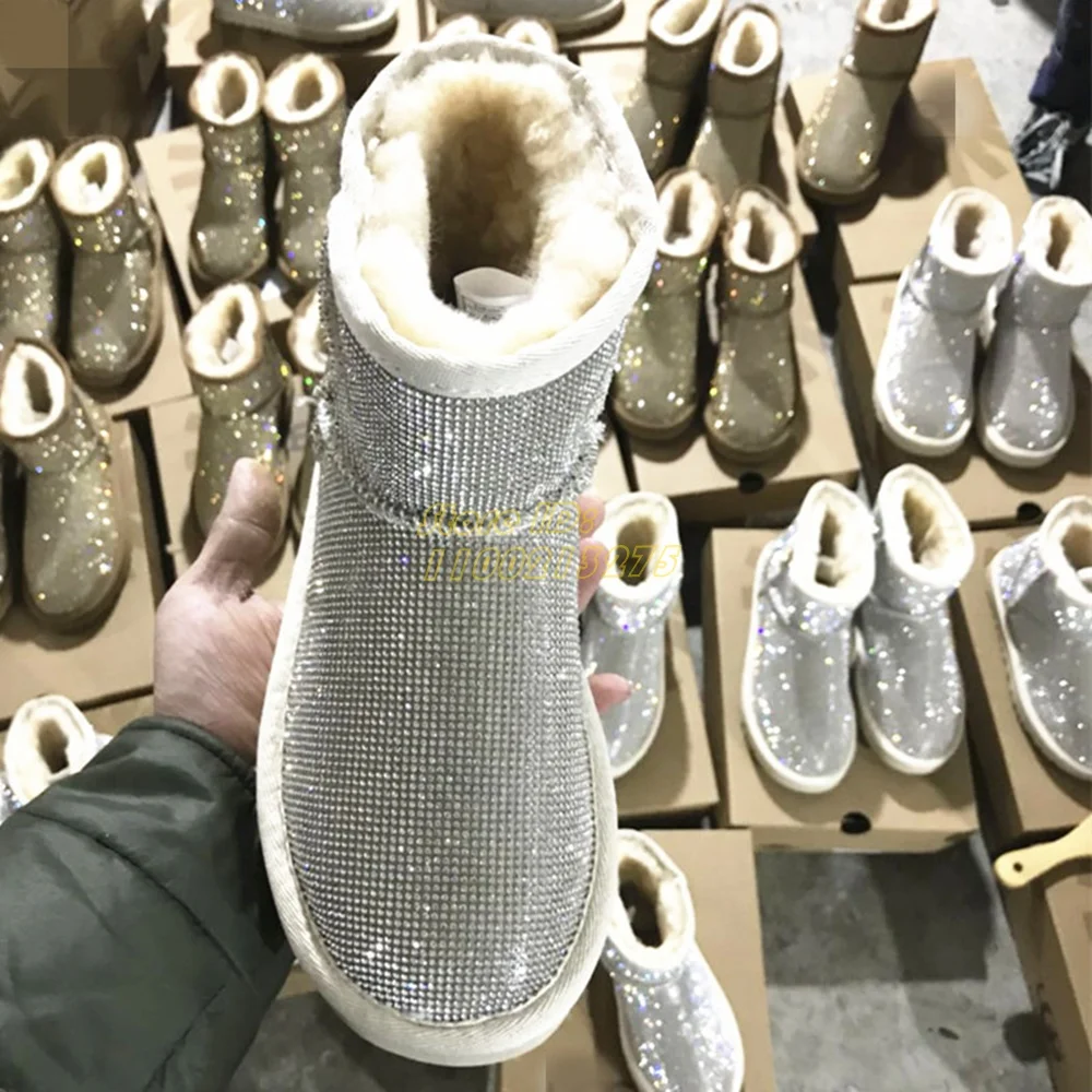 Crystal Snow Boots Round Toe Fur Lining Silver Gold Ankle Fashion 2024 Winter Bling Bling Women Shoes Flat