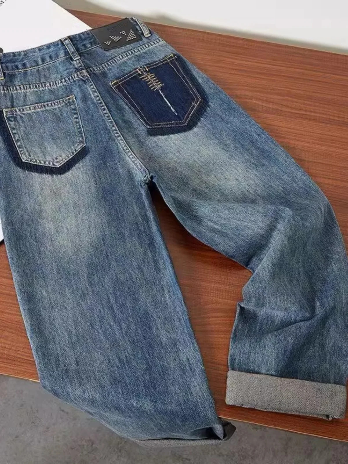 

Ретро-джинсы в американском стиле для мужчин: осенне-зимние, с дизайнерскими вставками, свободные, широкие, в уличном стиле, прямые брюки