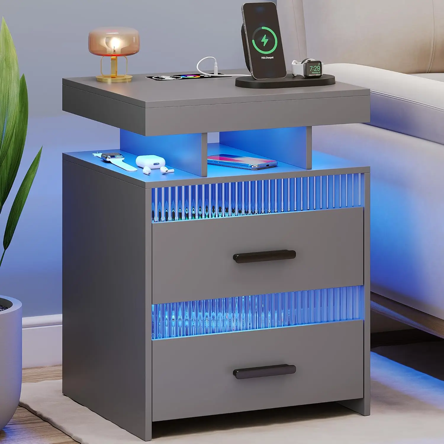 

Grey Night Stand with Charging Station: All in One Nightstand with Drawers Bedside Table with LED Light & Human Sensor Design