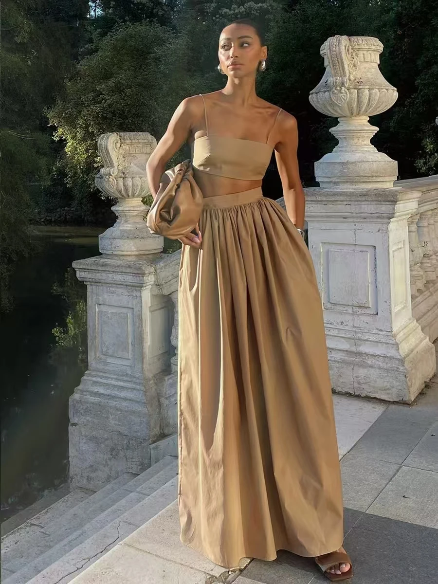 Conjunto de dos piezas de falda de cintura alta con tirantes sexy, conjunto de algodón ort Sve Faionable para mujer, colección de verano