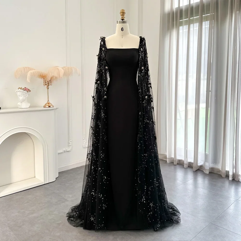 Luxury 3D Flowers Black Satin Evening Dress with Cape Sleeves Elegant Square Collar Sweep Train Women Formal Party Dresses