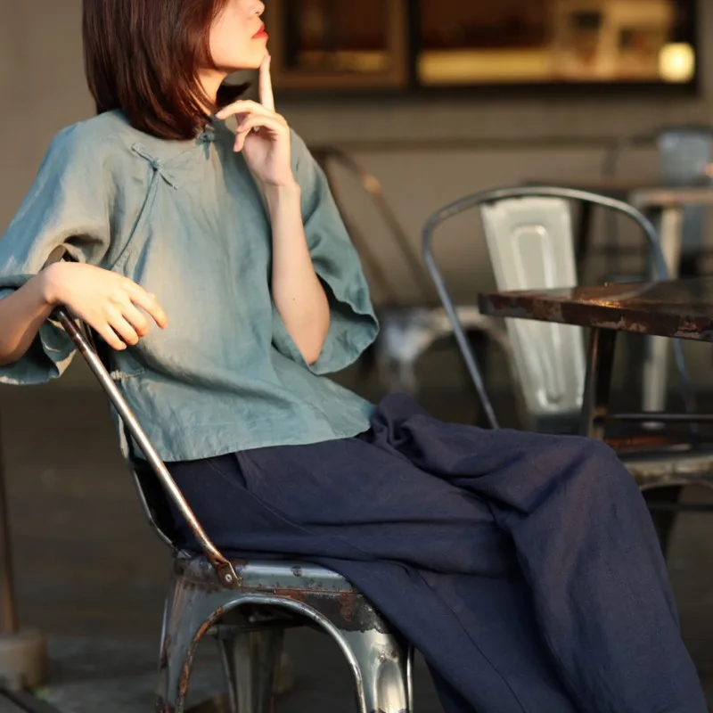 

Летнее женское платье из хлопка и льна, прямого кроя, с плиссированными рукавами и пуговицами, оригинальный дизайн, однотонное.