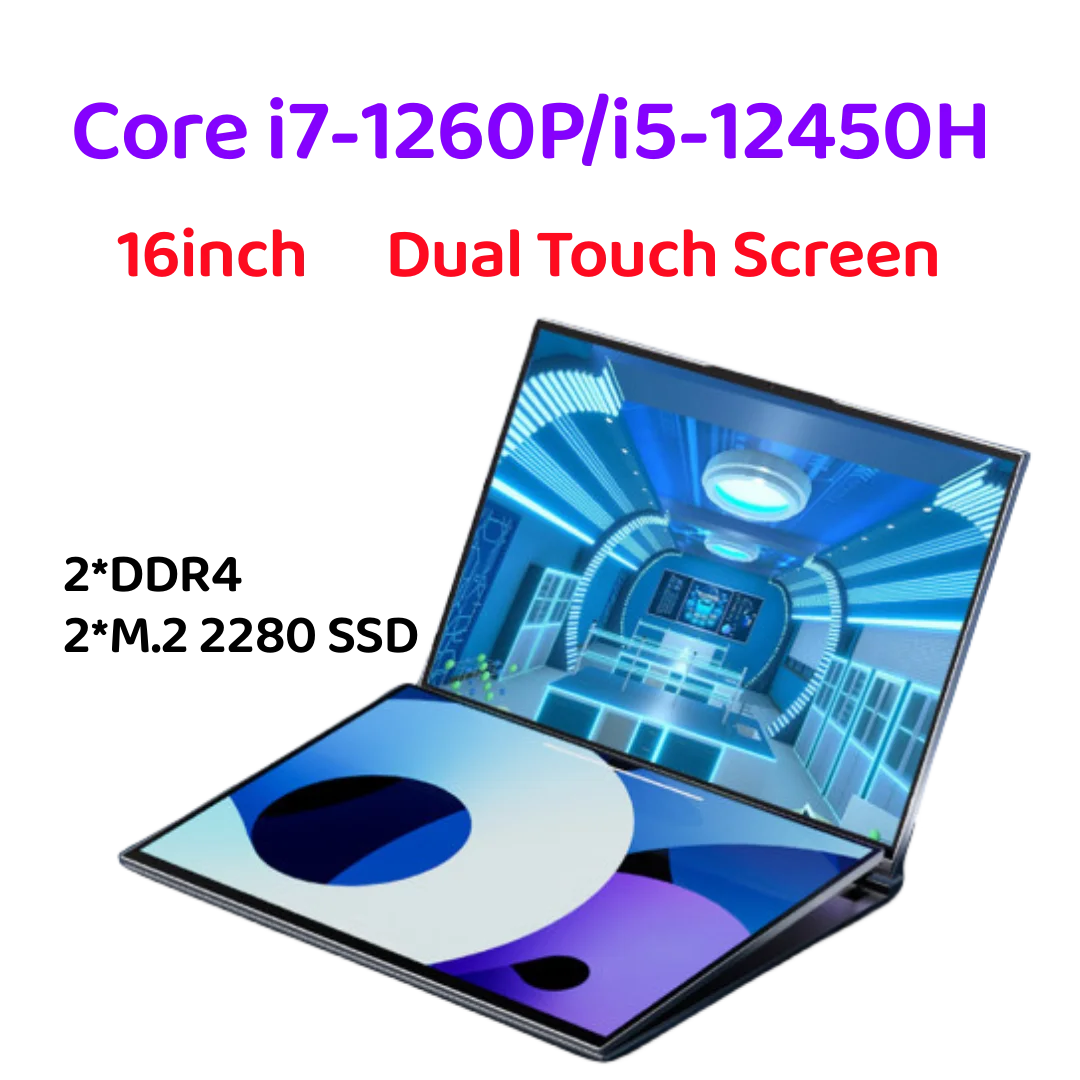 SZBOX DS16 Core I7-1260P/i5-12450H 16 Inch Dual Touch Screen Handheld Laptop Windows 11 DDR4 16GB 512GB SSD PC & Table 2 in 1