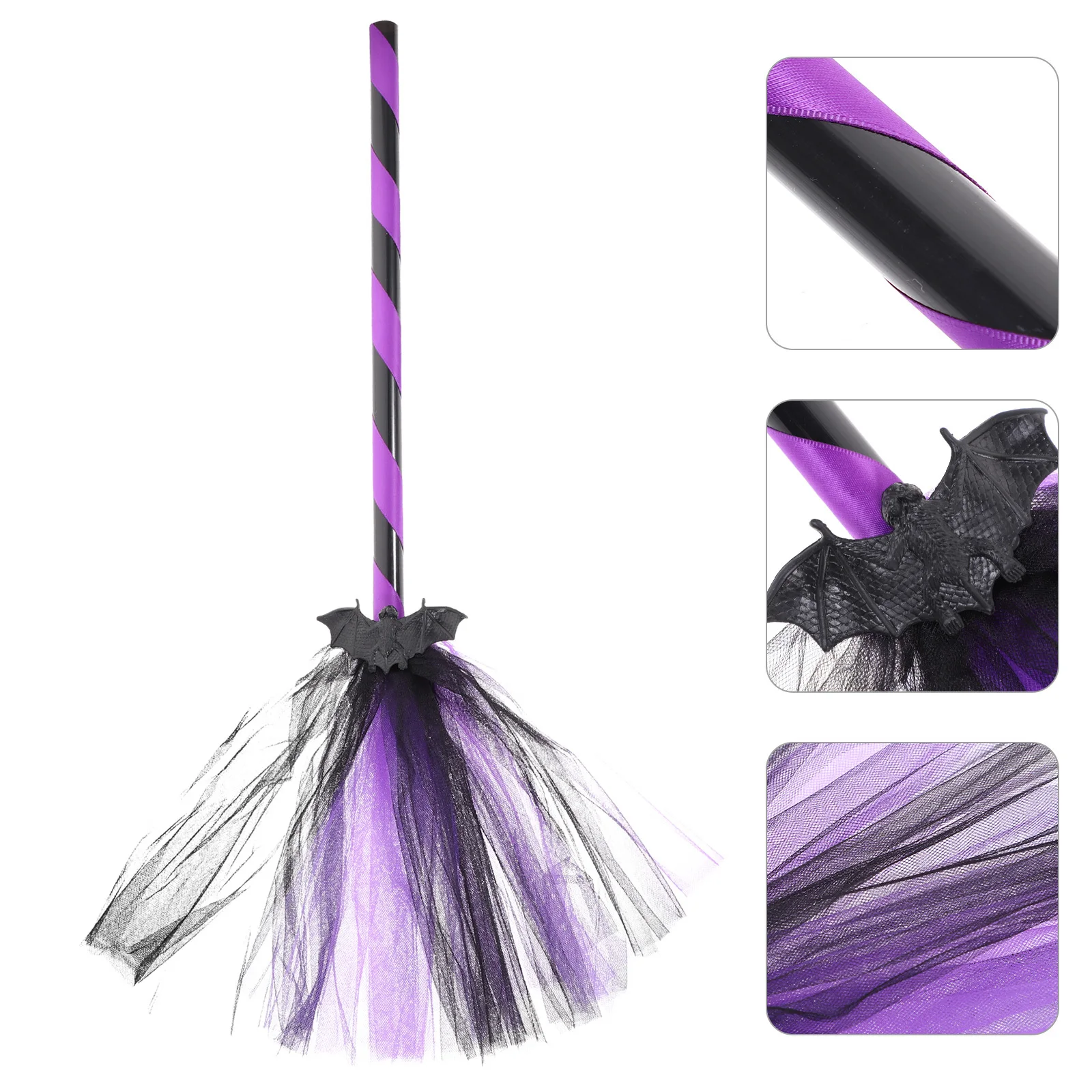 

1Pcs Halloween Bat Broom Ribbon Striped Handle Novelty Cosplay Props Fun Halloween Party Decor Ribbon Striped Handle