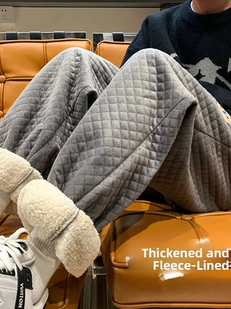 

Lamb Velvet Diamond Pattern Men's Winter Thiened Fce Sweatpants Loose Cuffed Teenage Sports Pants Mid-High Waist Straigh...