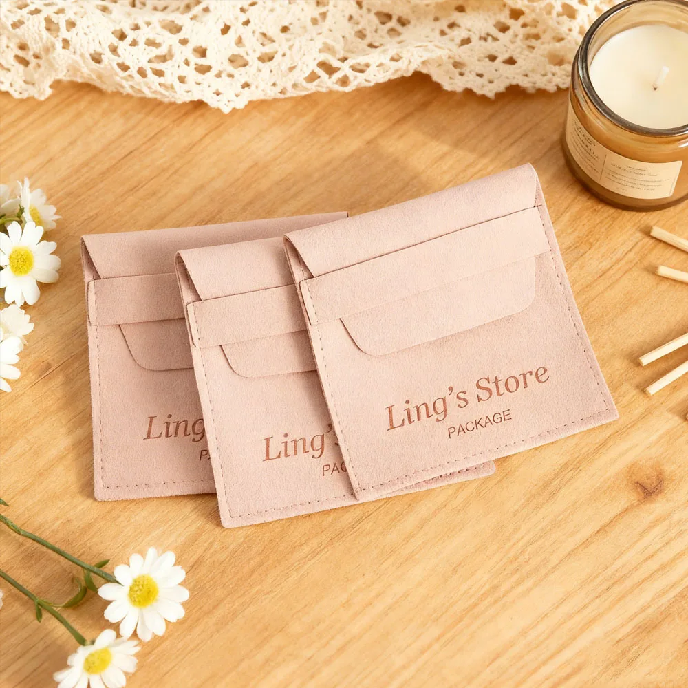 

50Pcs Custom logo Nude Pink Earring Ring Necklace Bracelet Microfiber Jewelry Gift Packaging Bag Envelope Jewellery Velvet Pouch