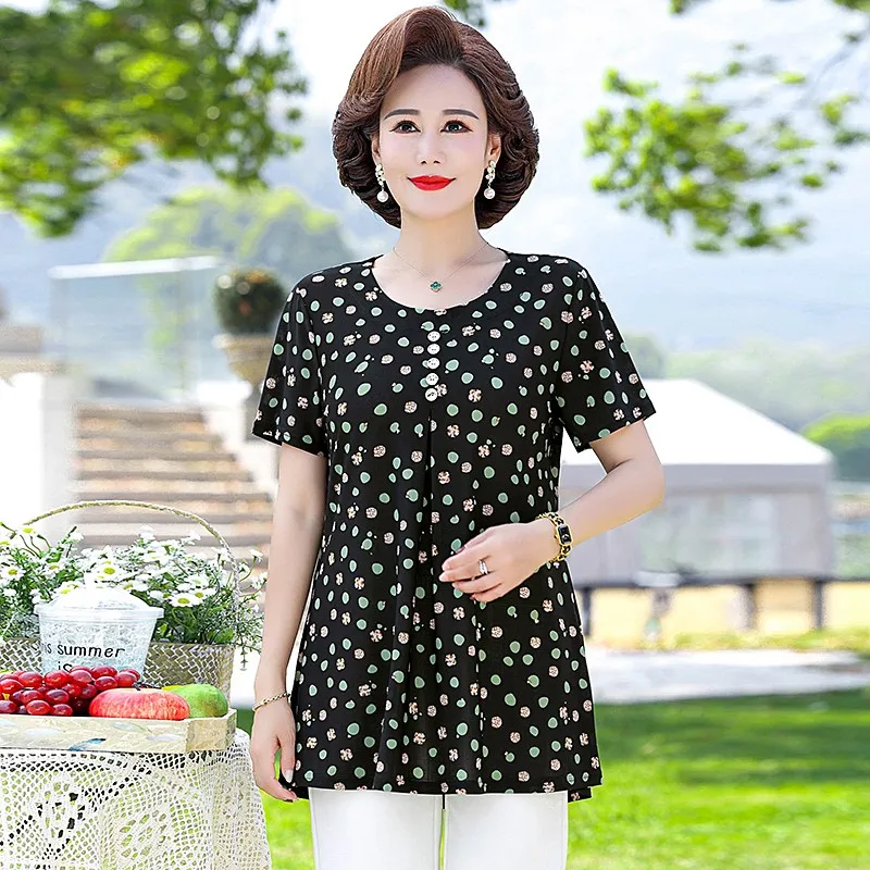 Plus size 7XL Loose Women Summer Shirts Lady Fashion Casual Short sleeve  O-Neck Collar Button Mother dot Printing Blusas Tops