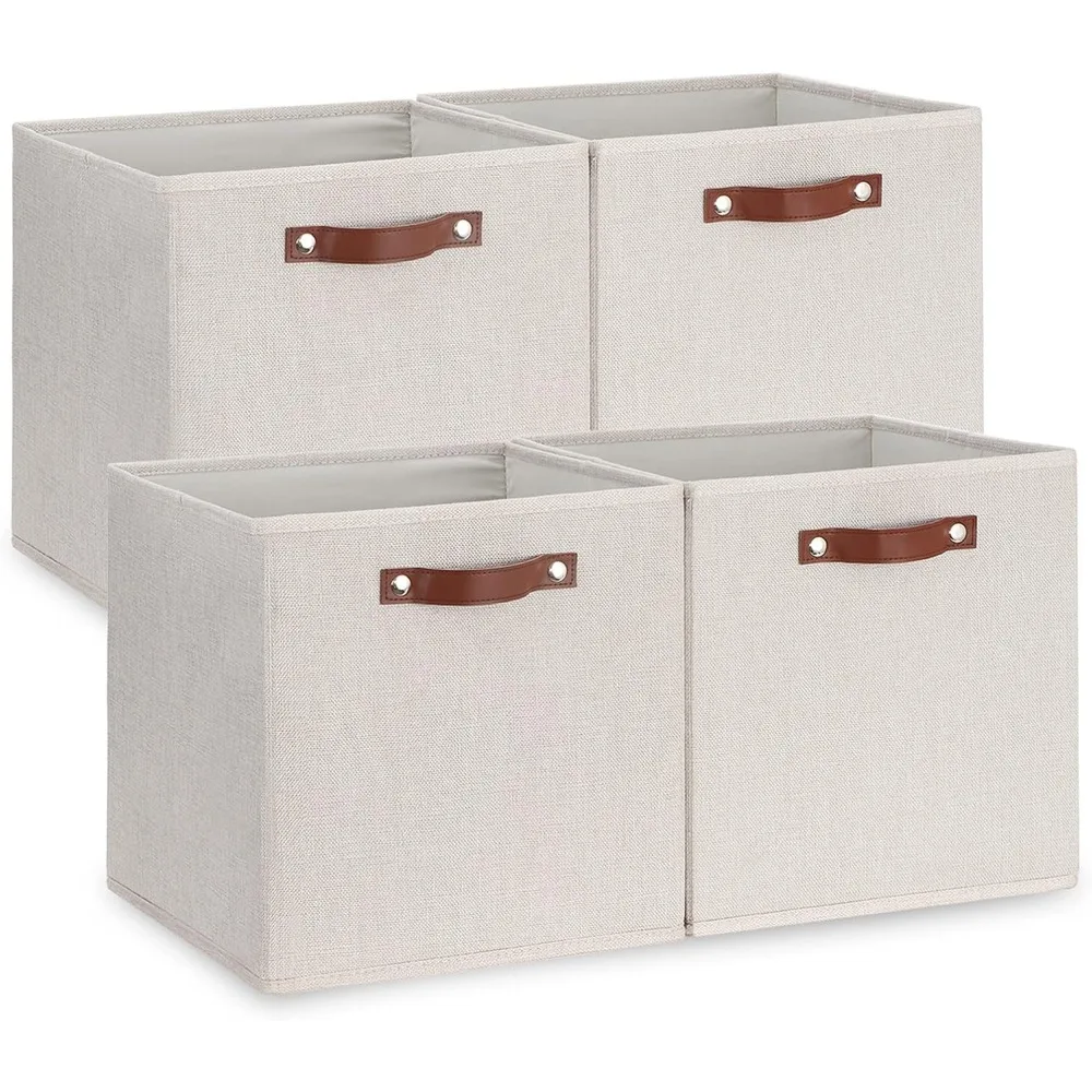 

Складные тканевые кубики для хранения с кожаными ручками, 4 контейнера-органайзера для дома и офиса