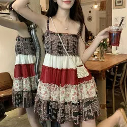 Fashion Patchwork Mini Slip Dress Summer Vintage Broken Flowers Female Clothing Casual Shirring Elastic A-Line Waist Dresses New