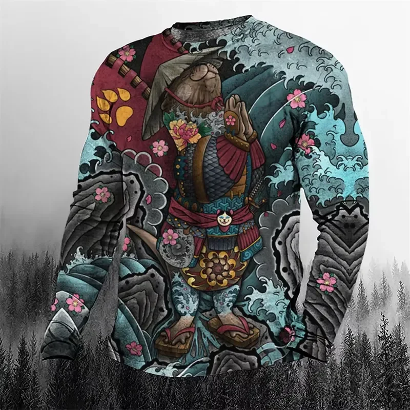 3D Long Sleeve 2026 Fall Cool Vintage Samurai 3D Printed Men T Shirt O Neck Casual Oversized Cartoon Tops Streetwear Fashion