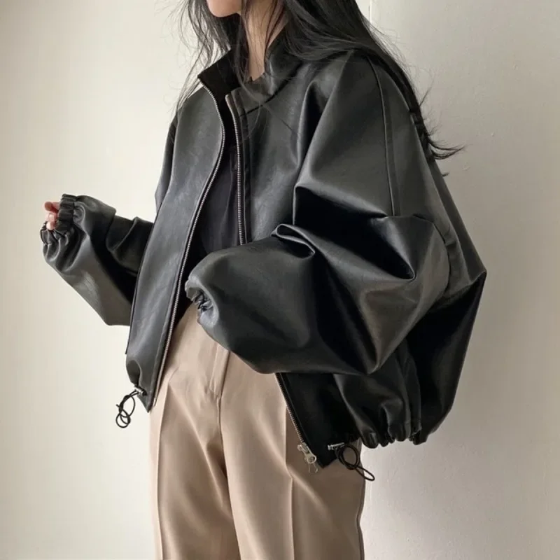 女性用ジッパー付きスタンドアップジャケット,オートバイのレザーコート,韓国のシックなジャケット,秋