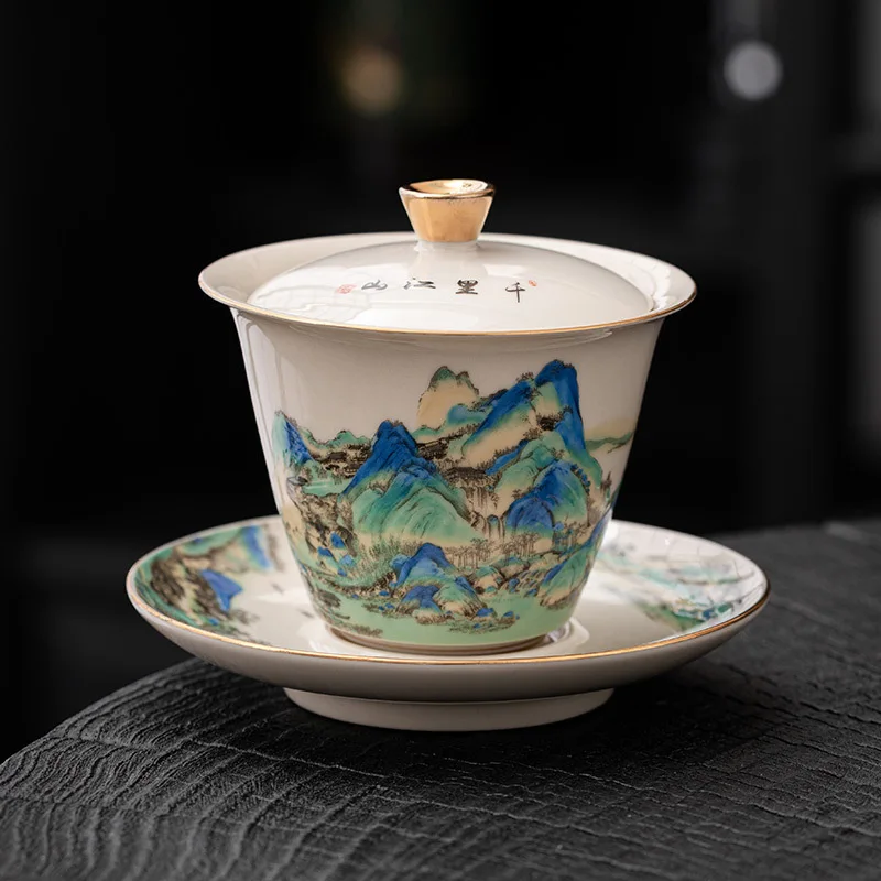 A Thousand Li Jiangshan Sancai Covered Bowl Teacup Household Chinese Wood Ash Kung Fu Tea Set Handmade Ceramic Tea Bowl