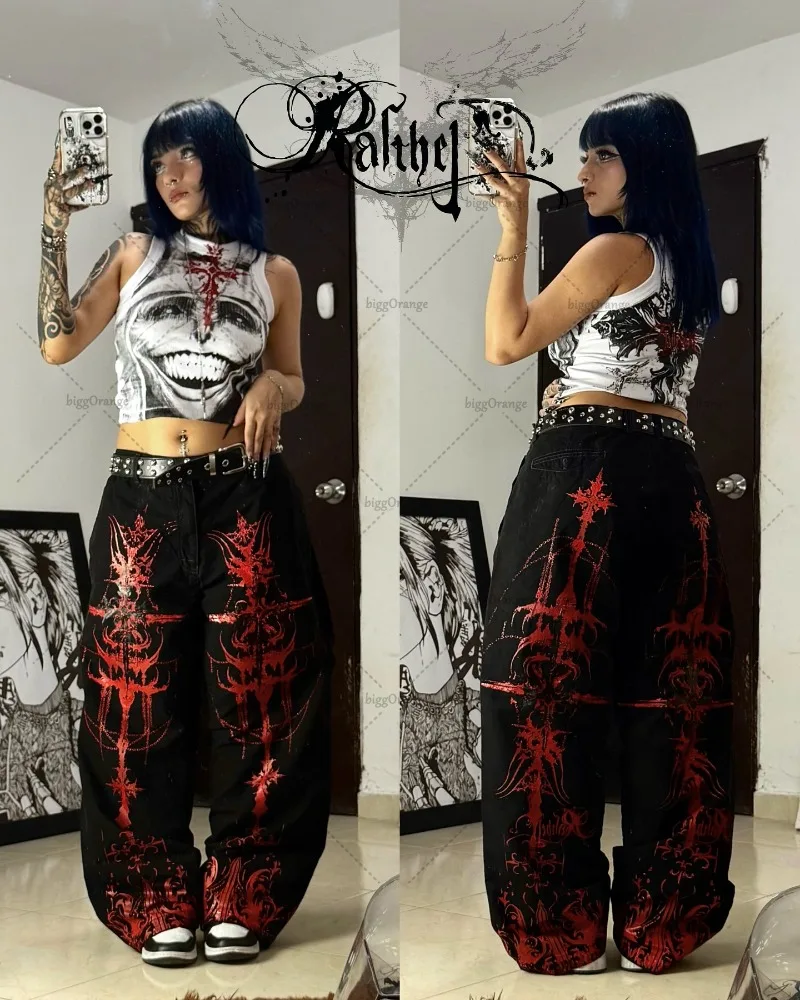 فاسق القوطية مخطط طباعة روك فضفاض عالية الخصر السراويل النساء الهيب هوب Harajuku Y2K الشارع الشهير موضة المتضخم غسل الجينز