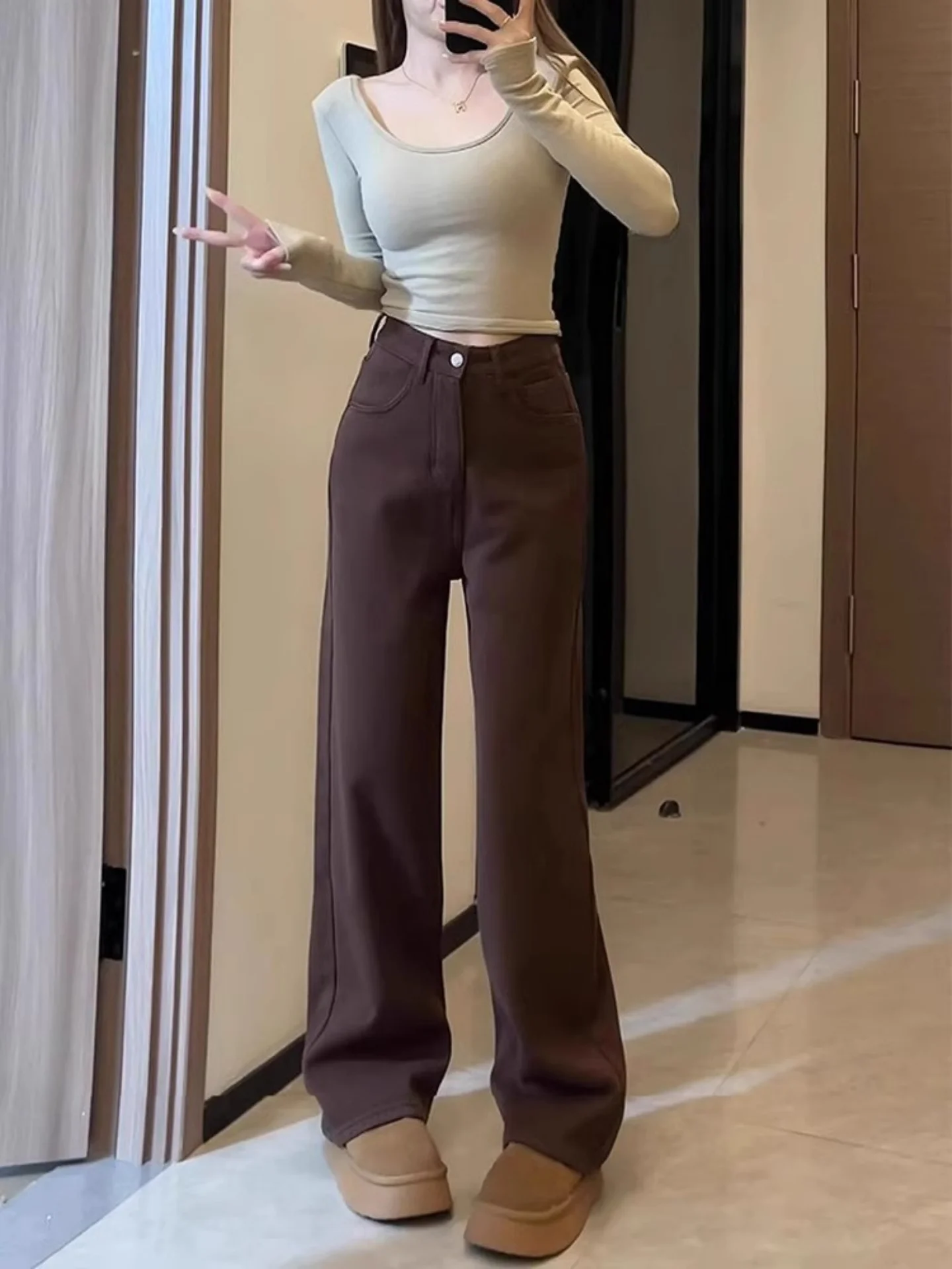 

Slim Wide Leg Brown Denim Jeans Women's Loose Fit High Waist Bootcut Pants Autumn Winter New Style American Style Washed Jeans