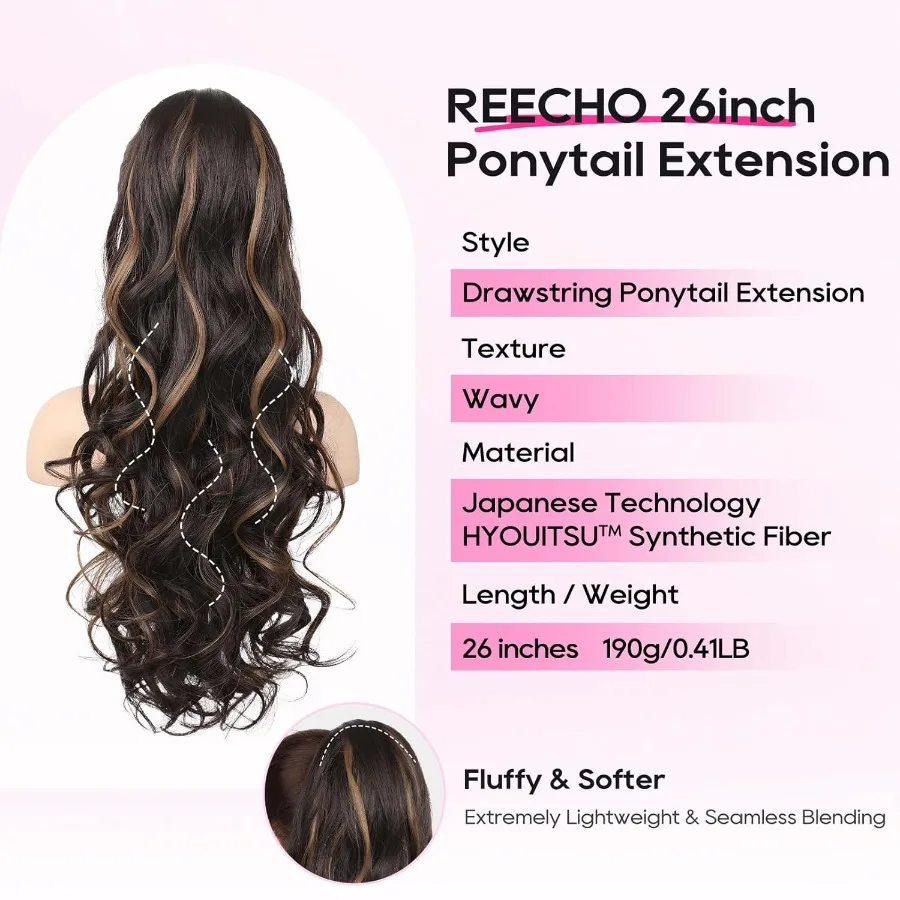 وصلة شعر على شكل ذيل حصان طويلة مجعدة ومموجة بطول 26 بوصة للنساء مع لون بني شوكولاتة داكنة ويبرز مثالية لـ D #2