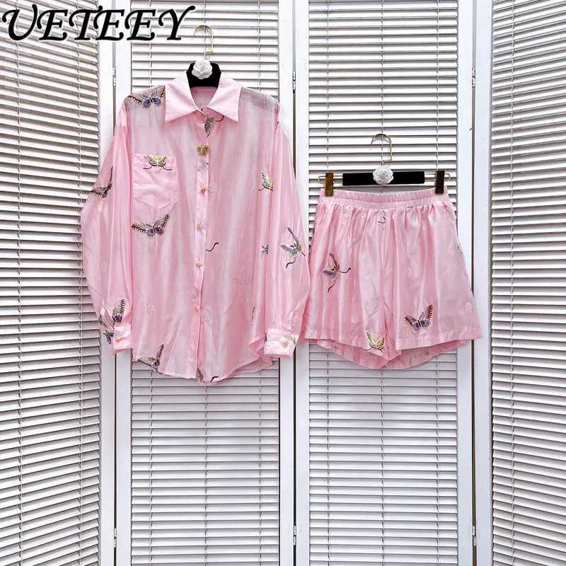 2024 Summer New Embroidery Light Pink Shirt Shorts Suit Women Classic Butterfly Decorative Buttons Shirts Top Shorts 2-Piece Set