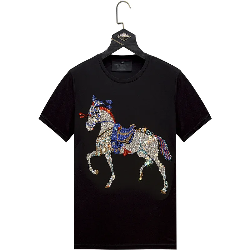 2024 Graphic T Shirts Women Clothing Colorful Horse Rhinestones Fashion Streetwear O Neck Short Sleeve Womens Tshirts Big Sizes