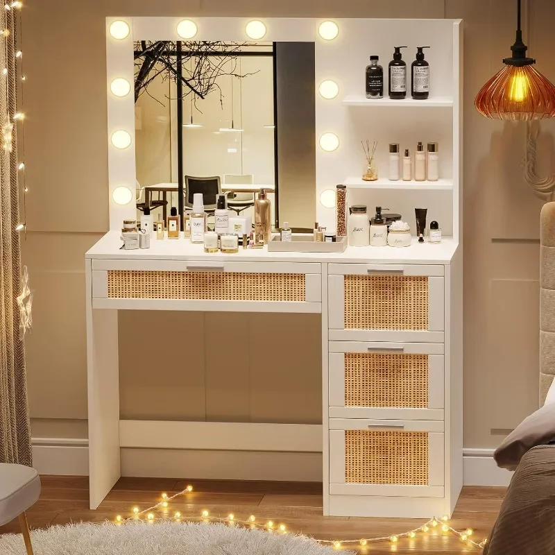 Makeup Vanity Table with Lighted Mirror, Makeup Vanity Desk with Storage Shelf and 4 Drawers, Bedroom Dressing Table, 10 LED