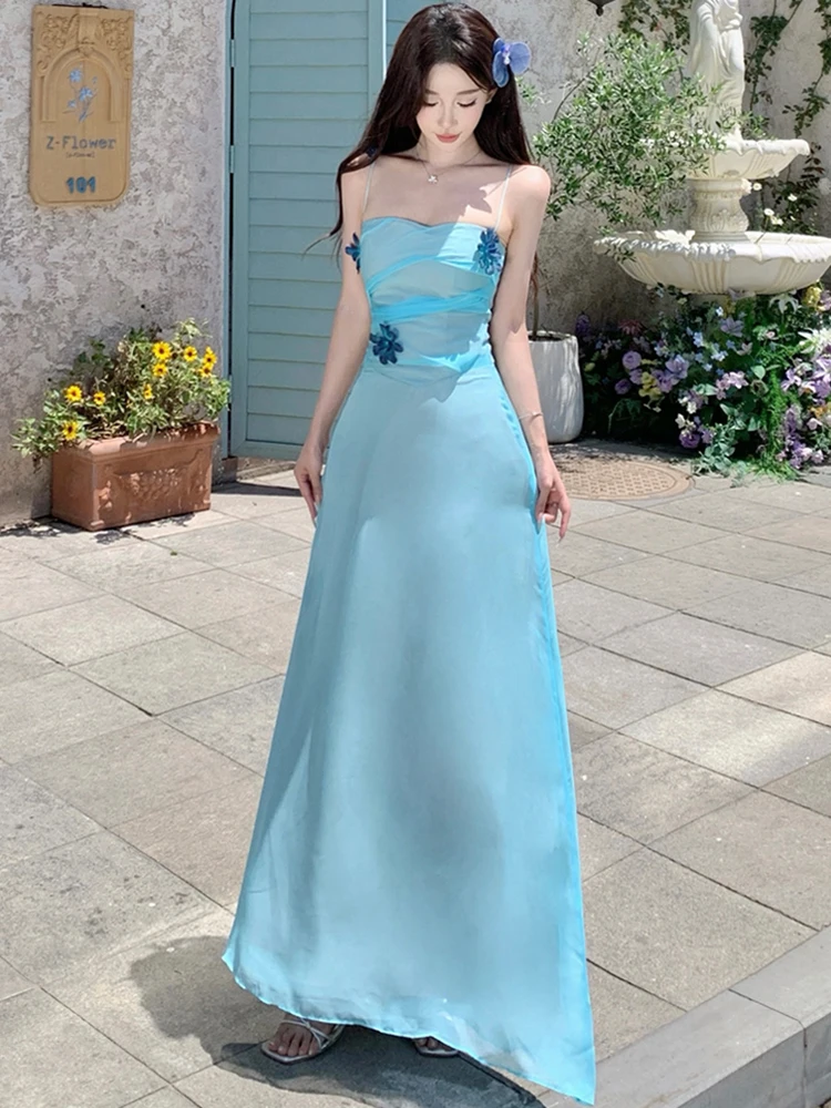 2025 novo azul apliques chique estilingue sexy vestido longo verão elegante bodycon vestido de férias feminino kroean vintage festa vestido de noite