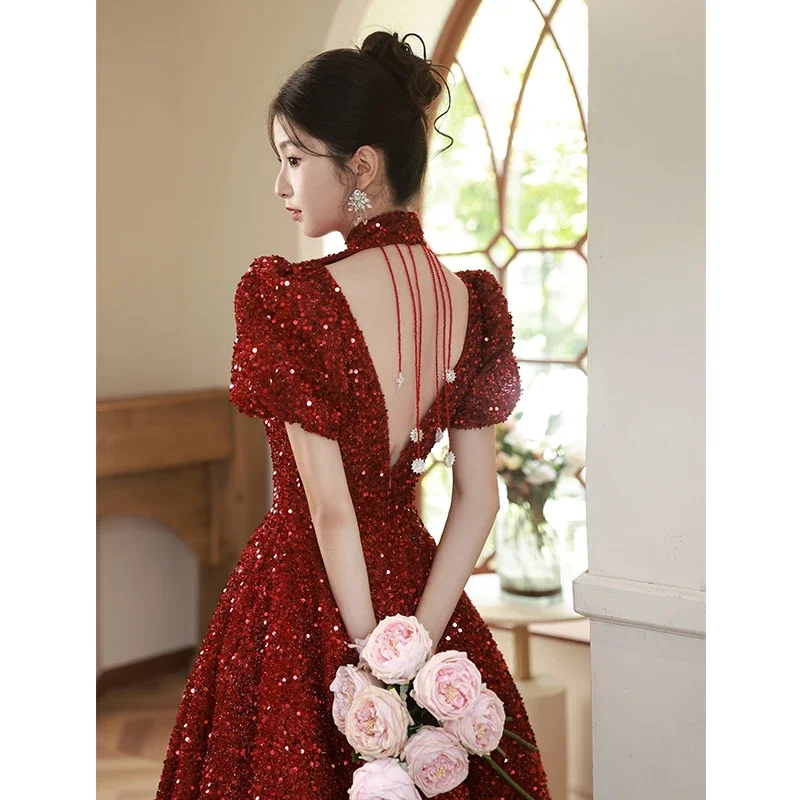 Customized  Elegant Wine Red Sequins Evening Dress for Women Stand Collar Puff Sleeve A-line Sparkling Party Formal Gown Vestido