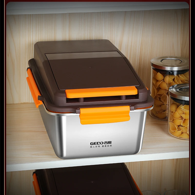 

LFGB Certification Pure 304 Stainless Steel Kitchen Grain Container Ultra Thick Rice Bucket Well Sealed Dry Cargo Storage Box