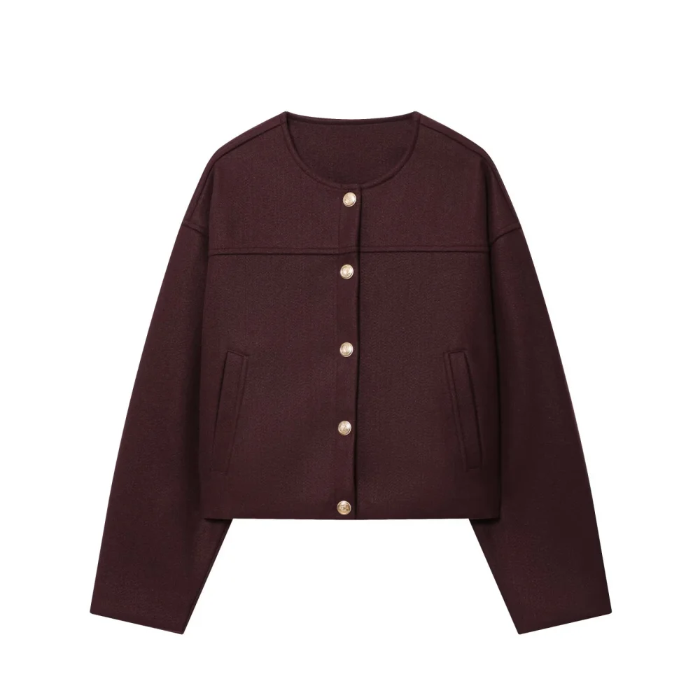 

Women's loose fitting collar top with round neck, long sleeves button pockets autumn and winter new fashion style jacket