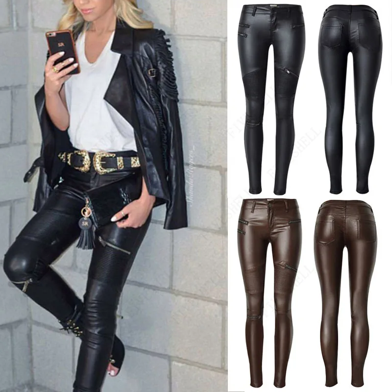 Winter Autumn PU Leather Coated Denim Pants for Women Sexy Tight Stretchy Rider Leggings Black Coffee Rock Punk Party Pants XXXL